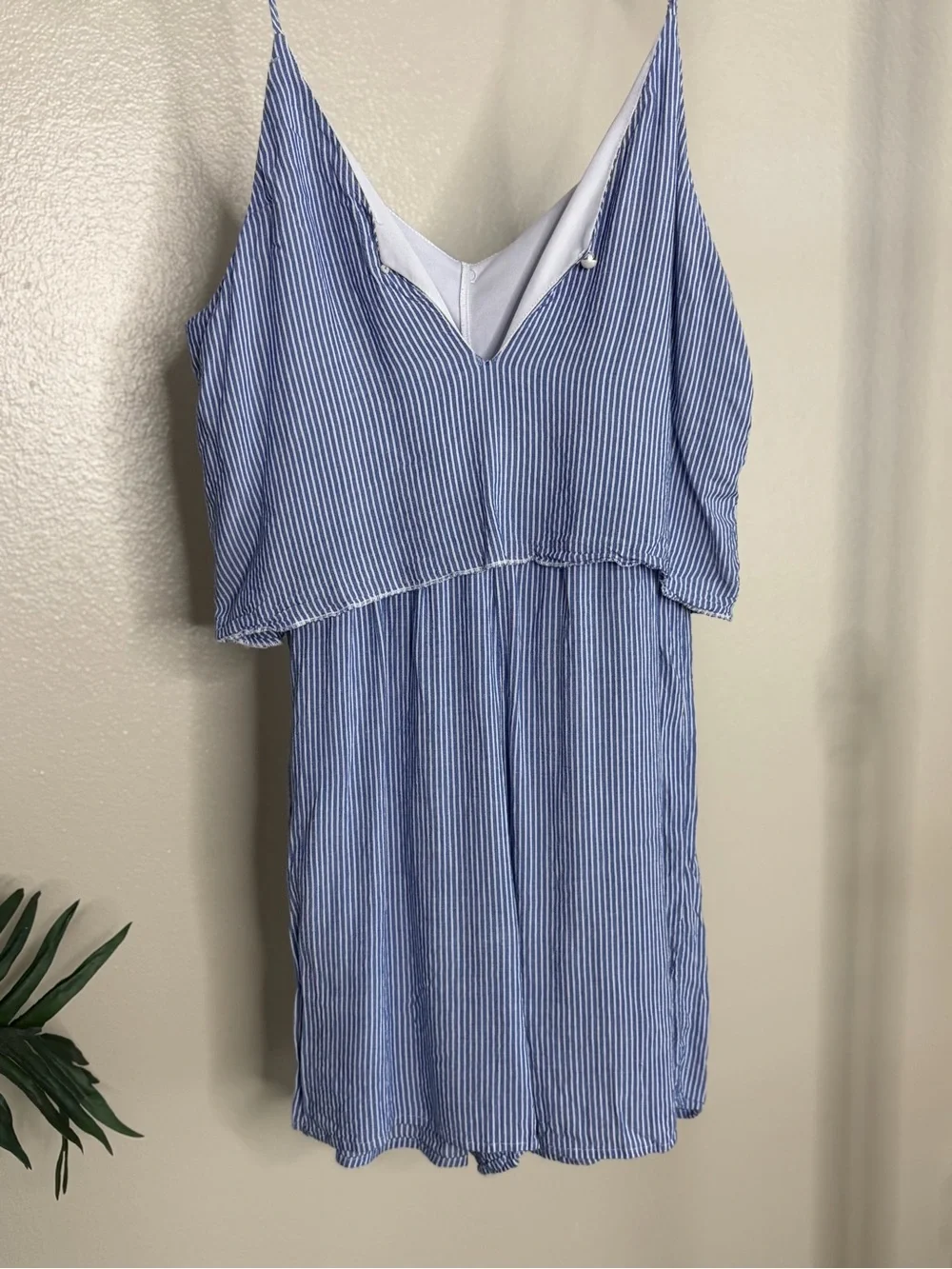Blue White Striped Lace Trim Tie Front Romper Size Large